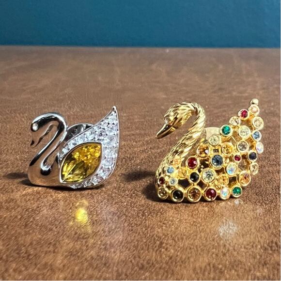 Vintage Swarovski Swan Lapel Tac Pins Gold Silver Rainbow Yellow Crystals Brooch - Picture 2 of 6